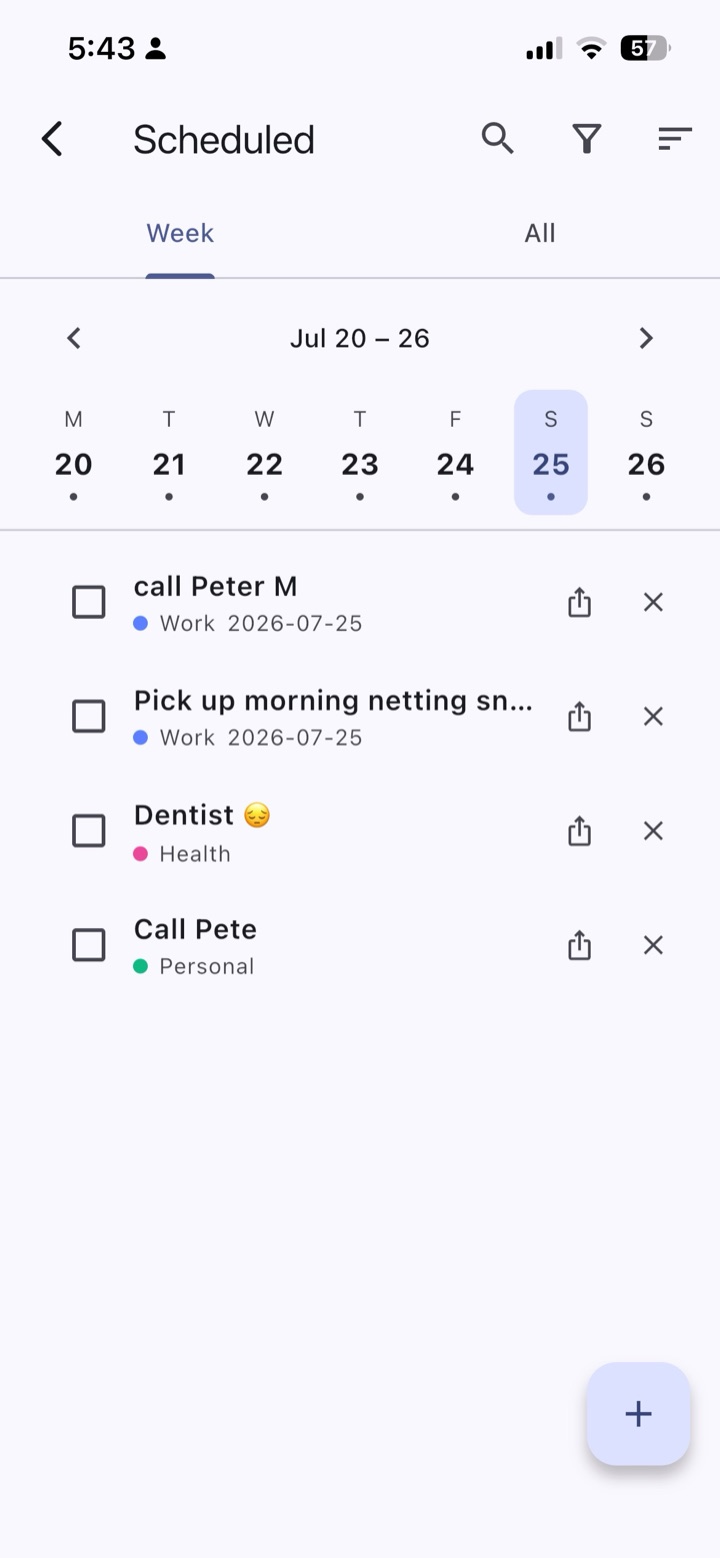 Tasks with due dates and categories. The week or the full list, whichever you need.