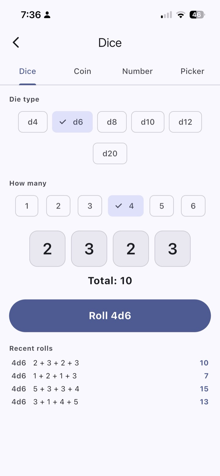 d4 through d20. Any number of dice. Total at a glance.