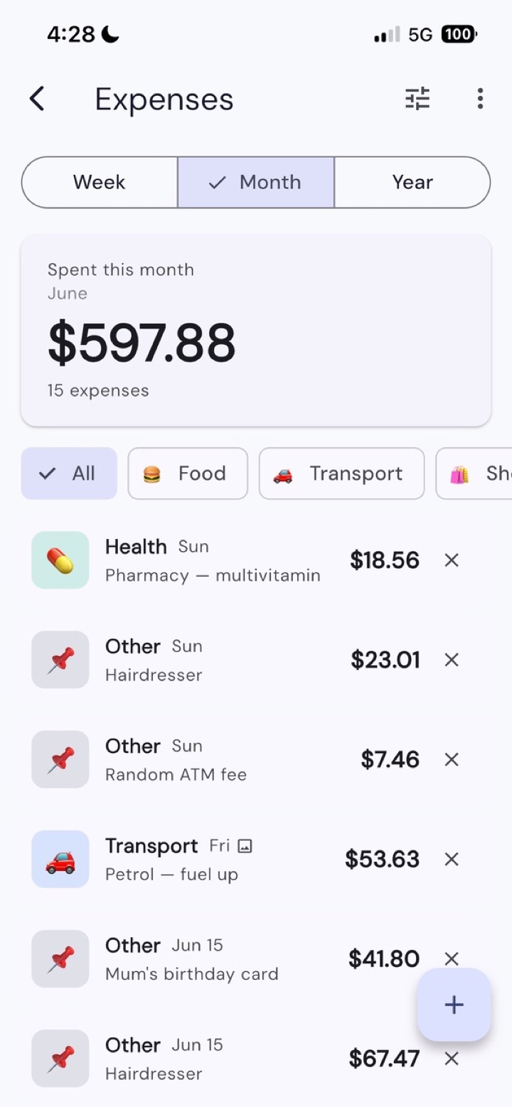 Log an expense in seconds. Week, month, or year, filtered the same way.