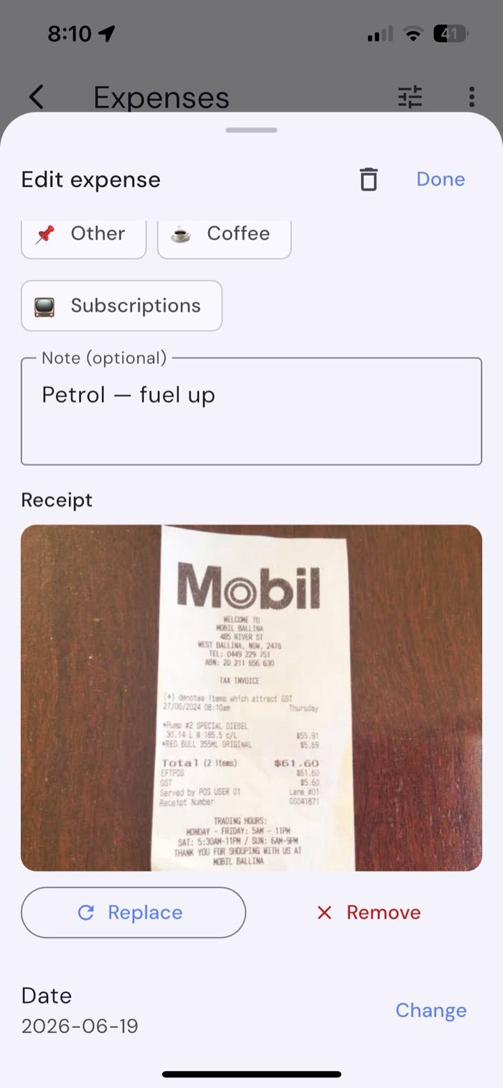 Snap the receipt when you pay. It sits with the expense and stays on your device.