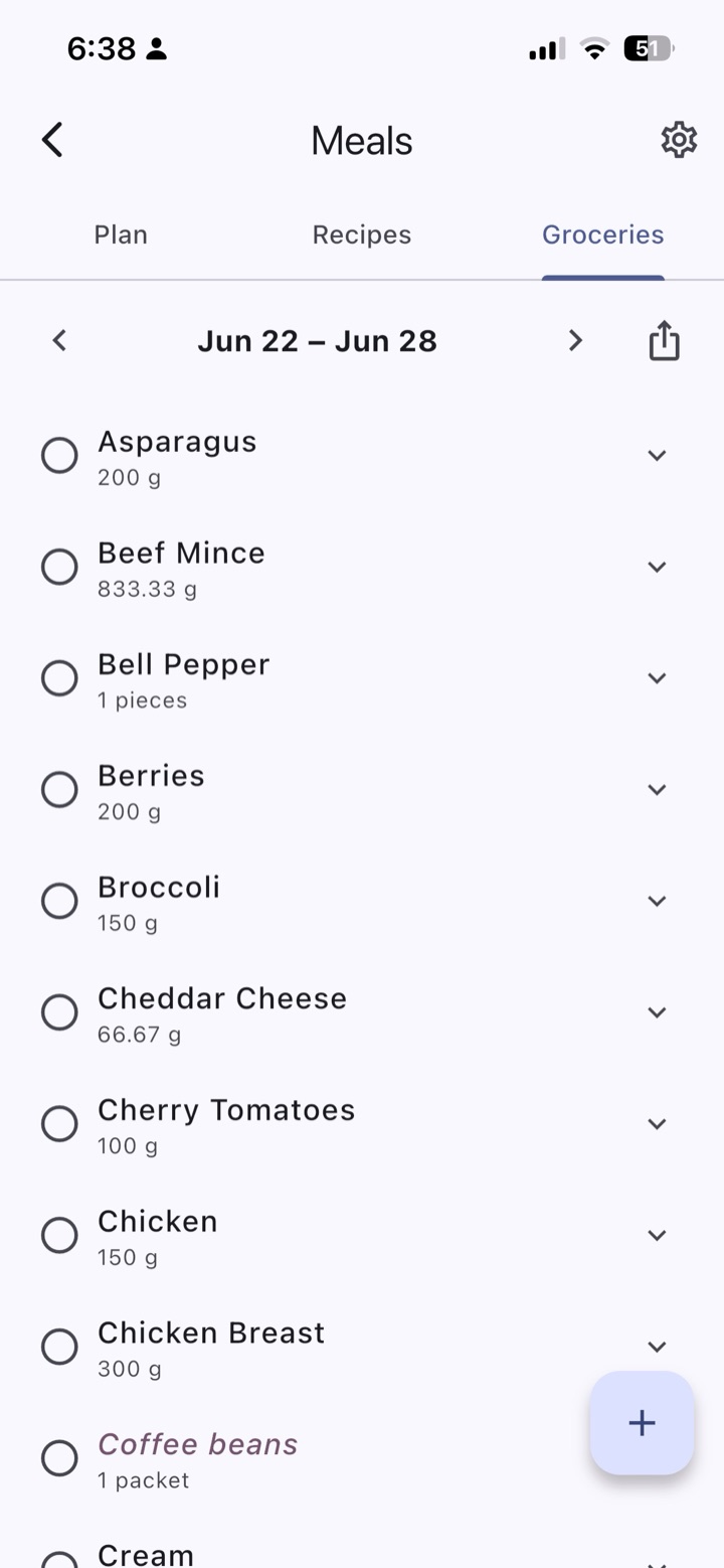 Groceries build themselves from the meals you planned. Add your own; they sit alphabetically in the same list.