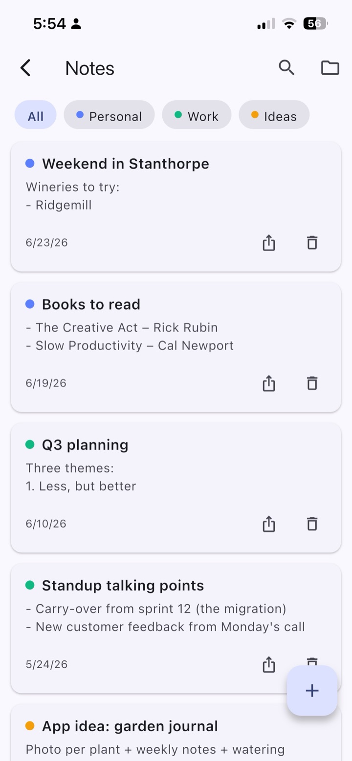 Notes by colour, filter by tap. Folders, when you want them.