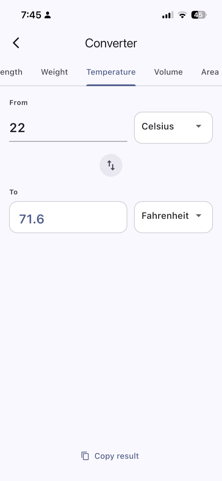 Pick units, type a value, copy the result.