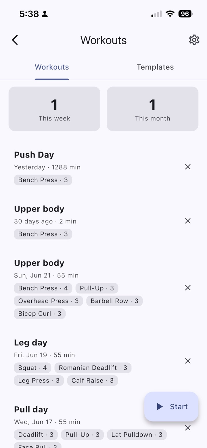 Sets, reps, weight, notes. Last time's numbers pre-filled. The history that matters is right there.